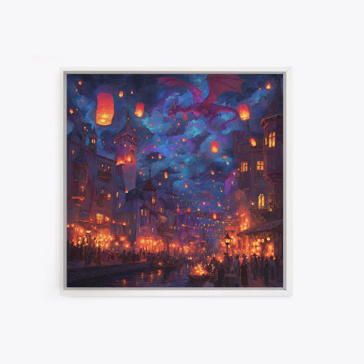 Purple Dragon Over Lantern Festival Wall Art, Whimsical Fantasy City Canvas, Magical Night Decor, Colorful Kids Room Poster