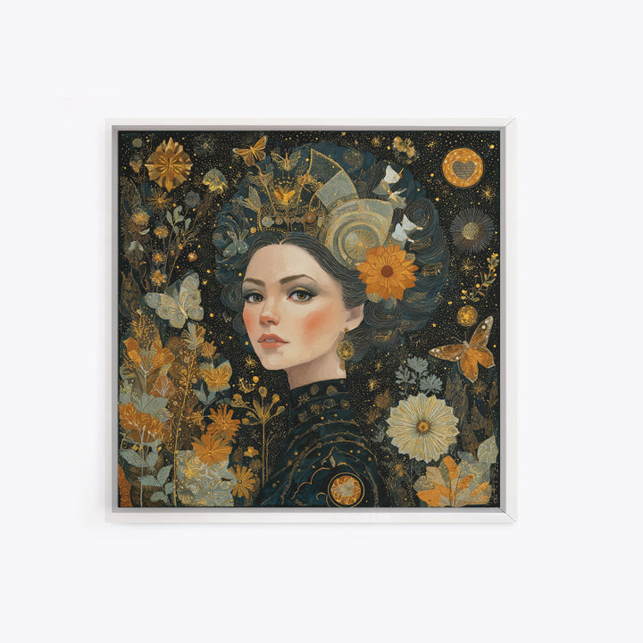 Art Nouveau Woman With Gold Flowers Canvas Print, Feminine Celestial Wall Art, Botanical Portrait Decor, Elegant Gift For Her