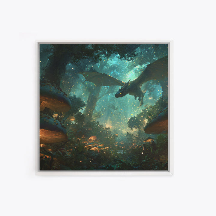 Enchanted Forest Dragon With Glowing Mushrooms Wall Art, Fantasy Canvas Print, Magical Woodland Decor, Gamer Room Decor Gift
