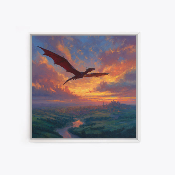 Red Dragon Flying Over Sunset Kingdom Canvas Print, Fantasy Landscape Wall Art, Castle Decor, Epic Gamer Room Gift For Him