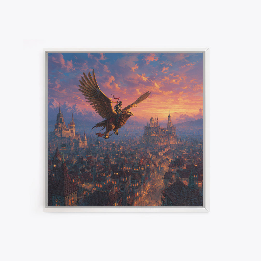 Warrior Riding Griffon Over Medieval City Framed Canvas Print, Fantasy Wall Art, Castle Landscape Decor, Epic Adventure Gift