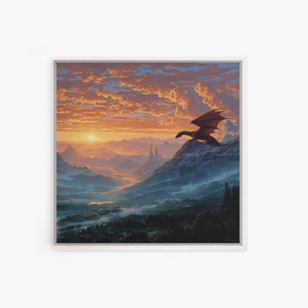 Mountain Dragon Watching Sunrise Kingdom Wall Art, Fantasy Landscape Canvas Print, Castle Decor, Epic Adventure Gift For Gamers