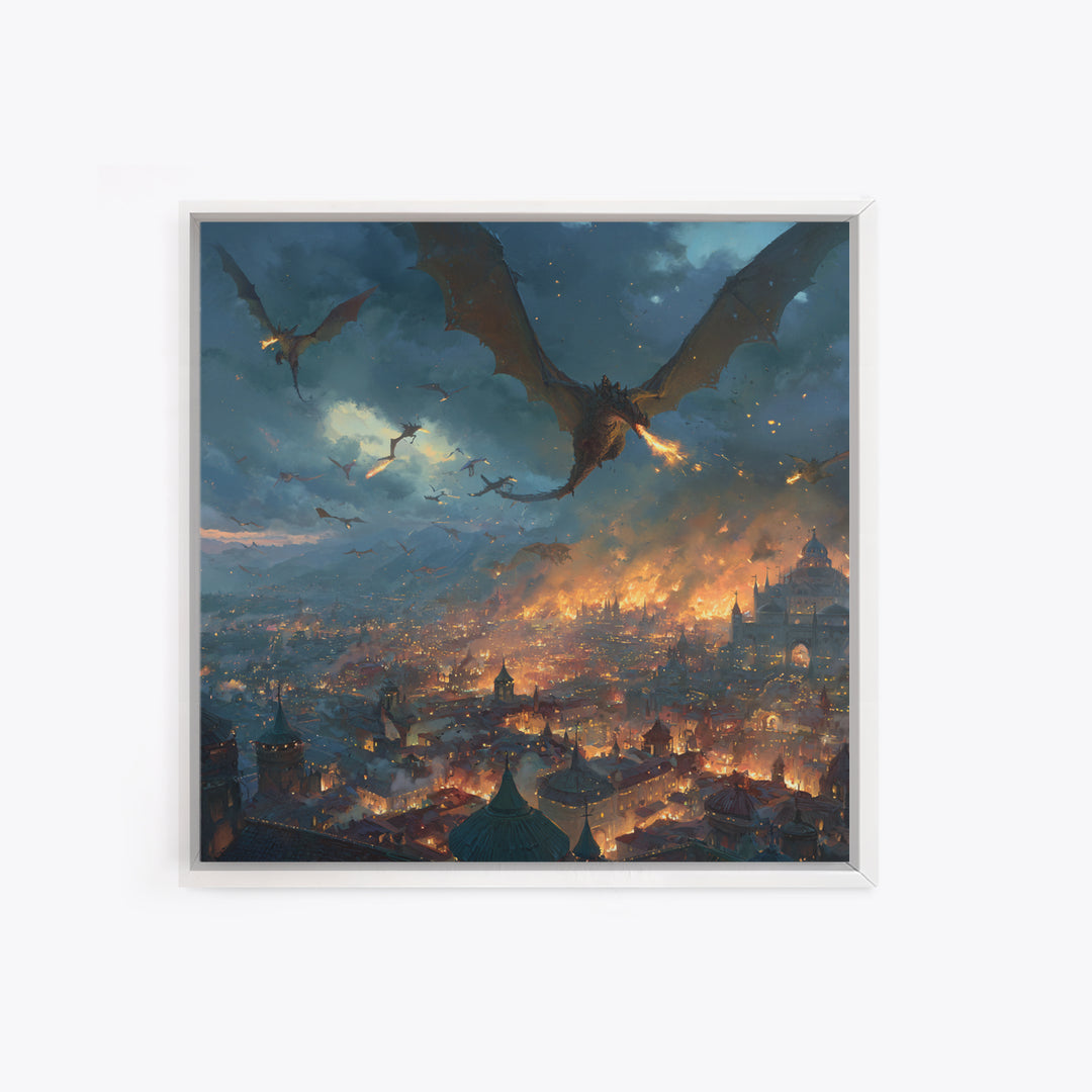 Fire Breathing Dragons Attacking Burning City Canvas Print, Dark Fantasy Wall Art, Medieval Battle Decor, Gamer Room Gift
