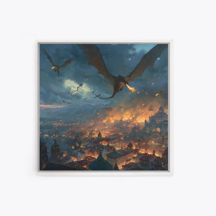 Fire Breathing Dragons Attacking Burning City Canvas Print, Dark Fantasy Wall Art, Medieval Battle Decor, Gamer Room Gift