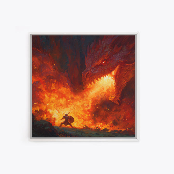 Red Dragon Breathing Fire At Brave Knight Wall Art, Dark Fantasy Canvas Print, Epic Medieval Battle Decor, Gamer Gift For Him