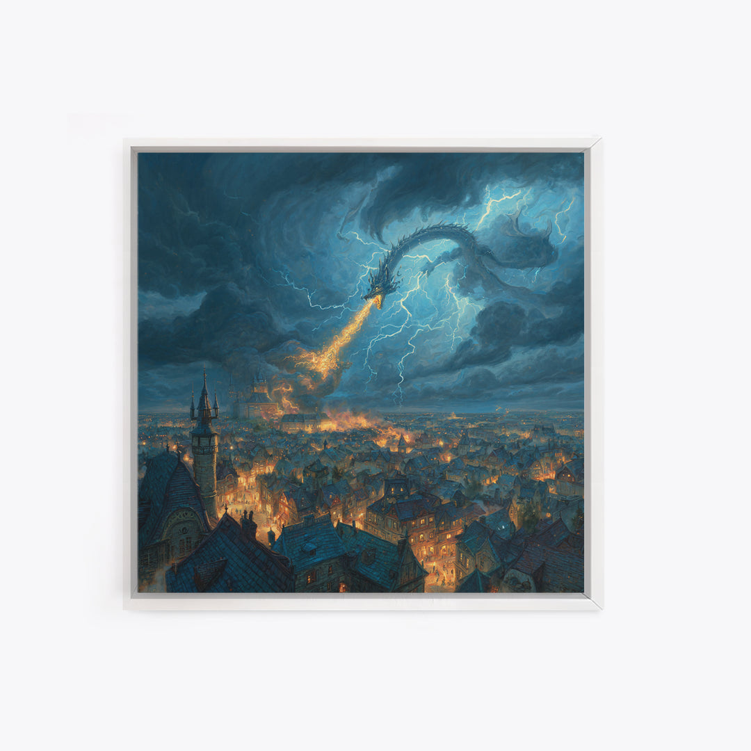 Lightning Dragon Over Stormy Medieval City Canvas Print, Dark Fantasy Wall Art, Dramatic Castle Decor, Gamer Room Gift For Him