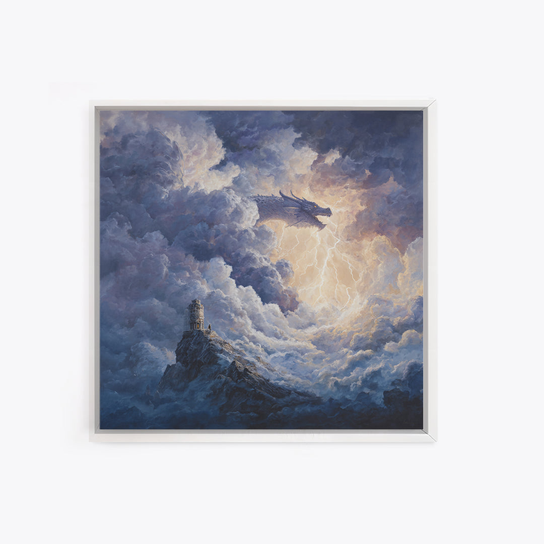 Storm Cloud Dragon With Lightning Above Lonely Tower Wall Art, Dark Fantasy Canvas Print, Gothic Castle Decor, Moody Art Gift
