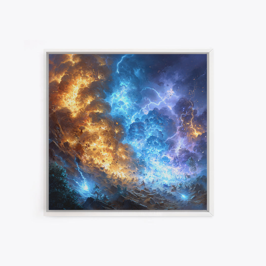 Blue And Gold Elemental Storm Battle Wall Art, Fantasy Canvas Print, Lightning Fire Landscape, Dramatic Gamer Room Decor