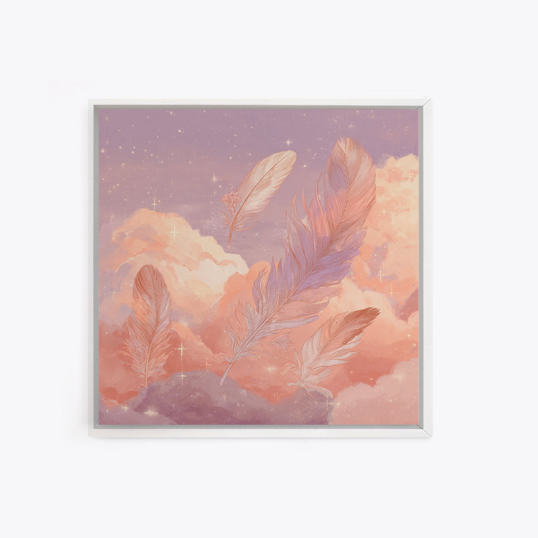 Pink Feathers Floating In Peach Clouds Canvas Print, Celestial Wall Decor, Dreamy Pastel Nursery Art, Whimsical Gift For Her