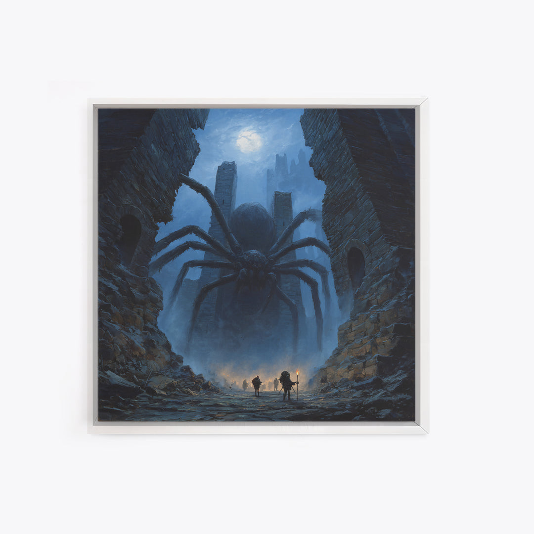 Giant Spider In Moonlit Ruins Wall Art, Dark Fantasy Canvas Print, Gothic Dungeon Decor, Creepy Adventure Gift For Gamers