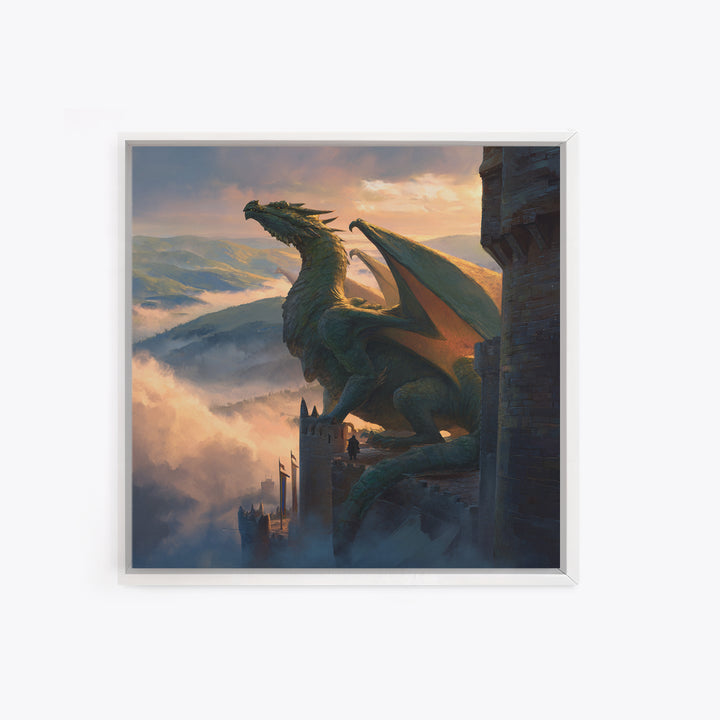Majestic Dragon On Castle Tower Framed Canvas Print, Fantasy Wall Art, Mountain Landscape Decor, Medieval Adventure Gift