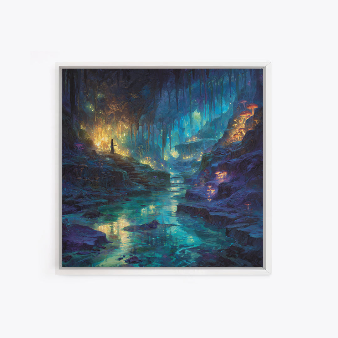 Glowing Crystal Cave River Wall Art, Fantasy Canvas Print, Bioluminescent Mushroom Decor, Magical Landscape Gift For Her