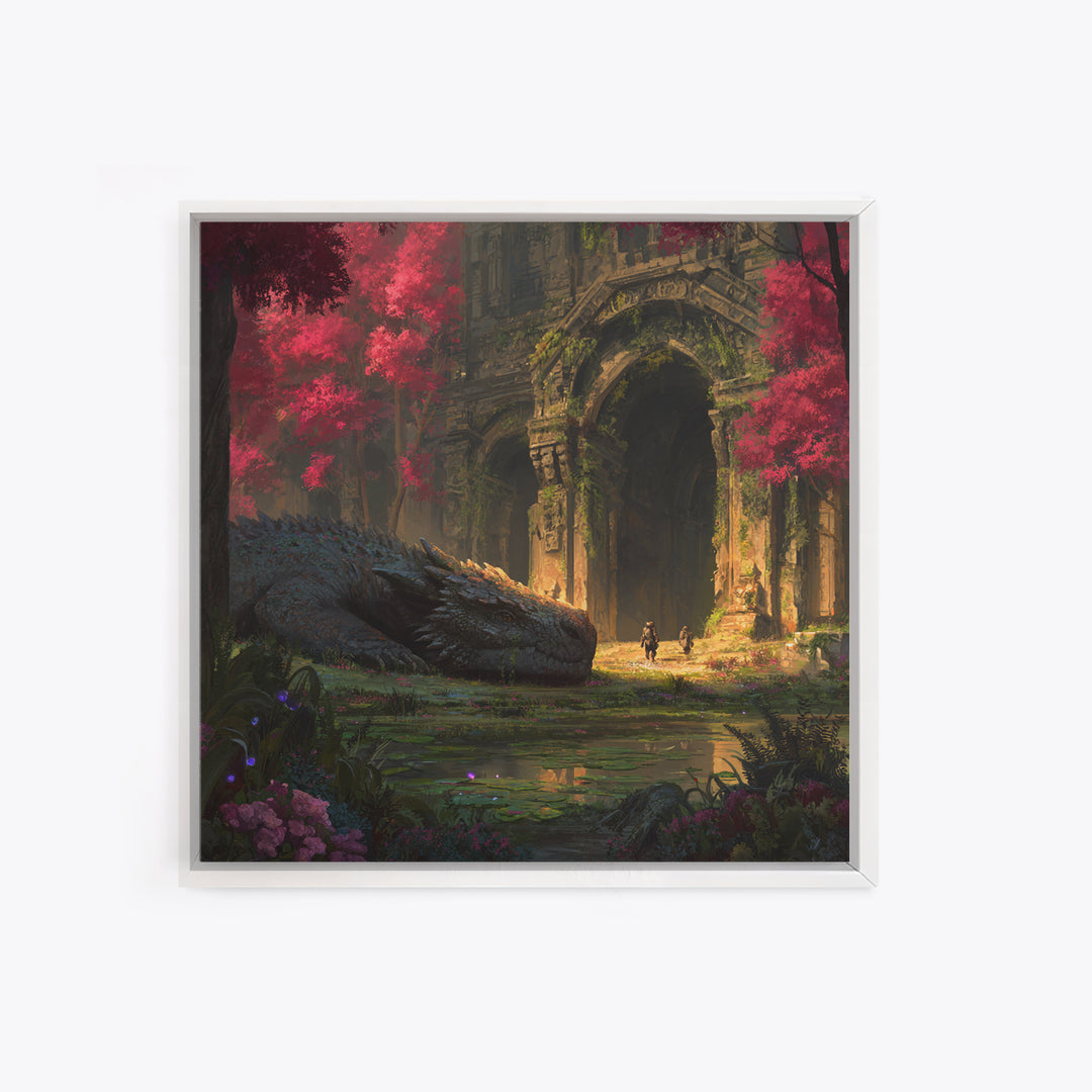 Sleeping Dragon In Crimson Forest Ruins Wall Art, Fantasy Canvas Print, Gothic Garden Decor, Mythical Adventure Gift For Her
