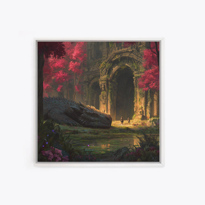 Sleeping Dragon In Crimson Forest Ruins Wall Art, Fantasy Canvas Print, Gothic Garden Decor, Mythical Adventure Gift For Her