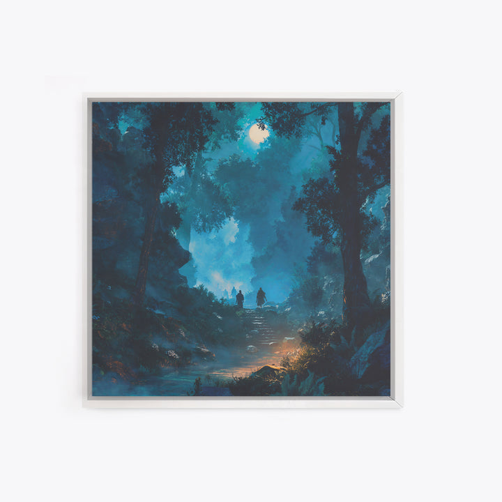 Moonlit Blue Forest Path Wall Art, Fantasy Canvas Print, Mystical Landscape Decor, Calming Adventure Gift For Nature Lovers