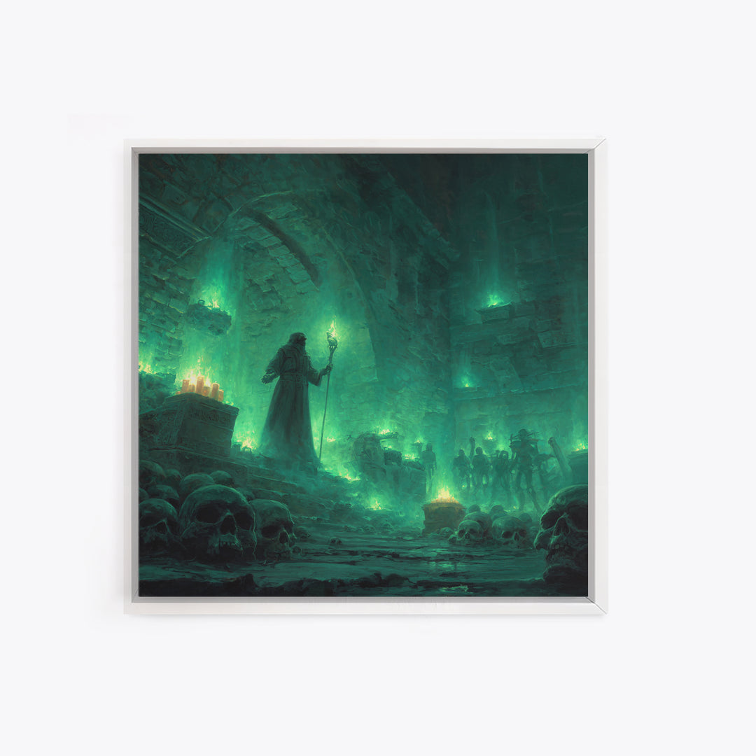 Necromancer Crypt With Skulls Wall Art, Dark Fantasy Canvas Print, Gothic Dungeon Decor, Witchy Occult Art Gift For Man Cave