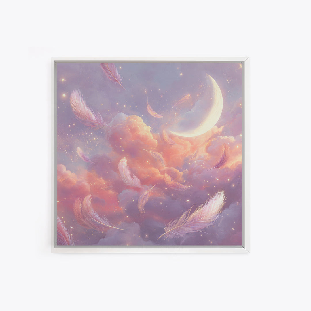 Crescent Moon And Floating Feathers Framed Canvas Print, Celestial Wall Art, Dreamy Cloud Decor, Pastel Nursery Gift For Her
