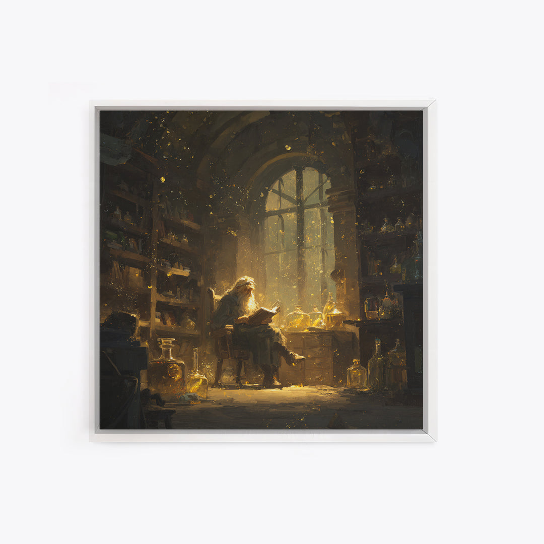 Wizard Reading In Golden Alchemy Library Wall Art, Dark Academia Fantasy Art Print, Magical Home Office Decor Gift For Readers