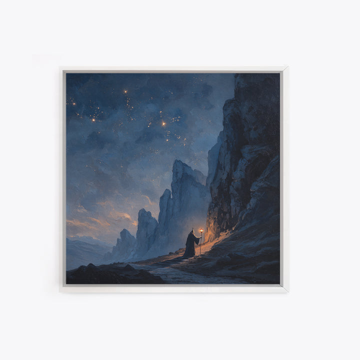 Lone Wizard On Starlit Mountain Path Canvas Print, Moody Fantasy Landscape Art, Dark Academia Office Wall Decor For Study Room