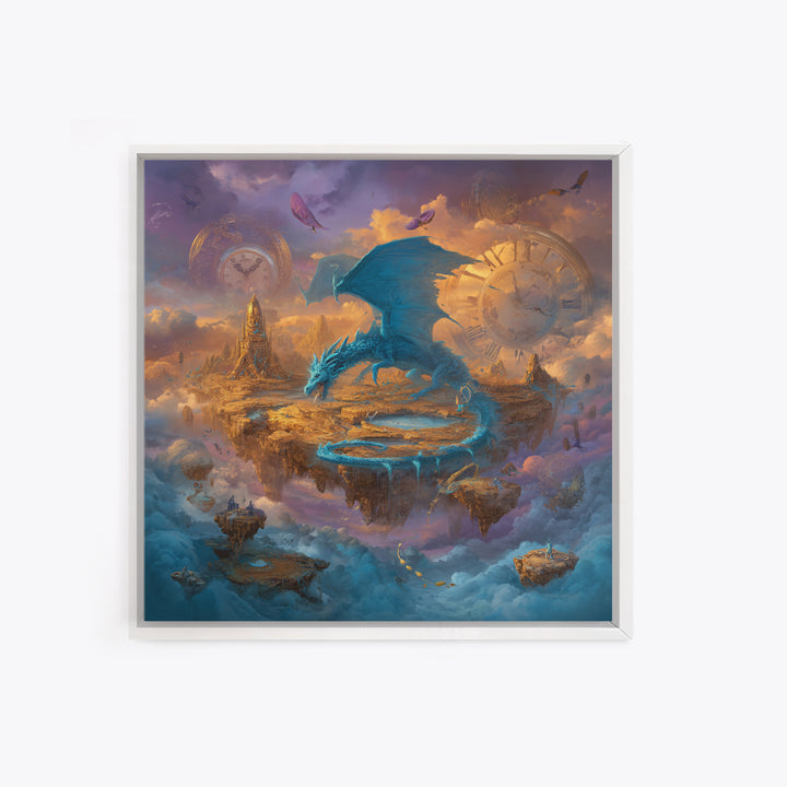 Blue Dragon Over Floating Clockwork Islands Wall Art, Epic Fantasy Canvas Print, Surreal Sky Castle Gaming Room Decor Gift