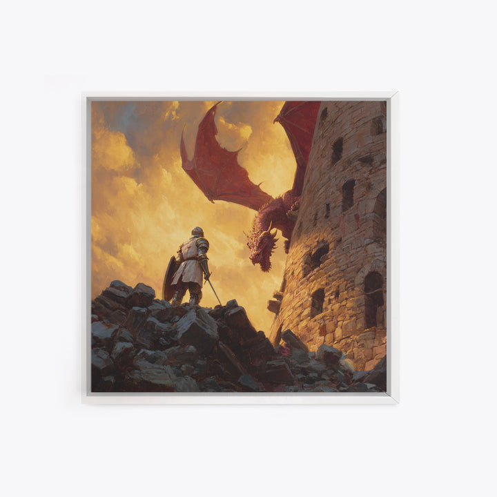 Knight Facing Red Dragon By Castle Tower Framed Canvas Print, Medieval Fantasy Wall Art, Epic Gaming Room Decor Gift For Him