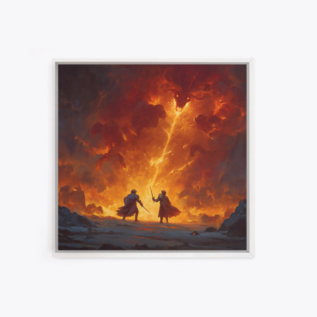 Heroes Battling Fire Demon In Inferno Wall Art, Dark Fantasy Canvas Print, Epic Dungeons And Dragons Gaming Room Decor Gift