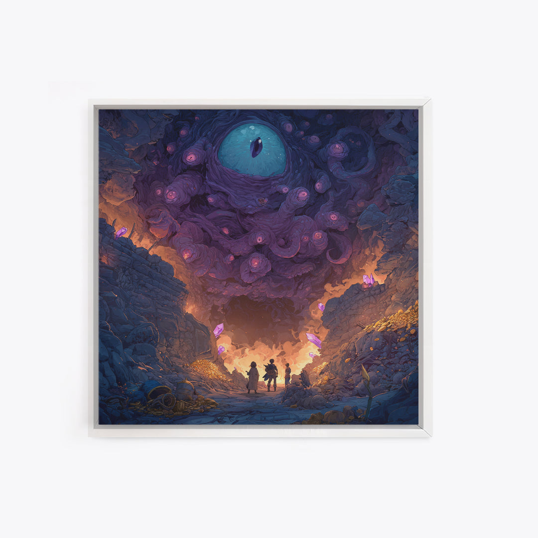 Adventurers Beneath Giant Cosmic Eye Canvas Print, Surreal Dark Fantasy Wall Art, Dungeon Cave Gaming Room Decor Gift For Him