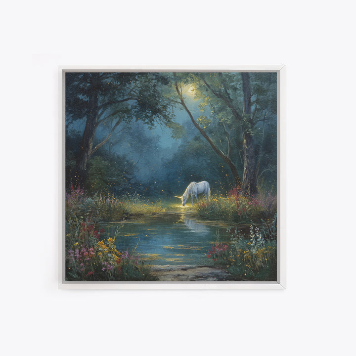 White Unicorn By Moonlit Forest Stream Wall Art, Enchanted Woodland Fantasy Canvas Print, Dreamy Nursery Decor Gift For Kids Room