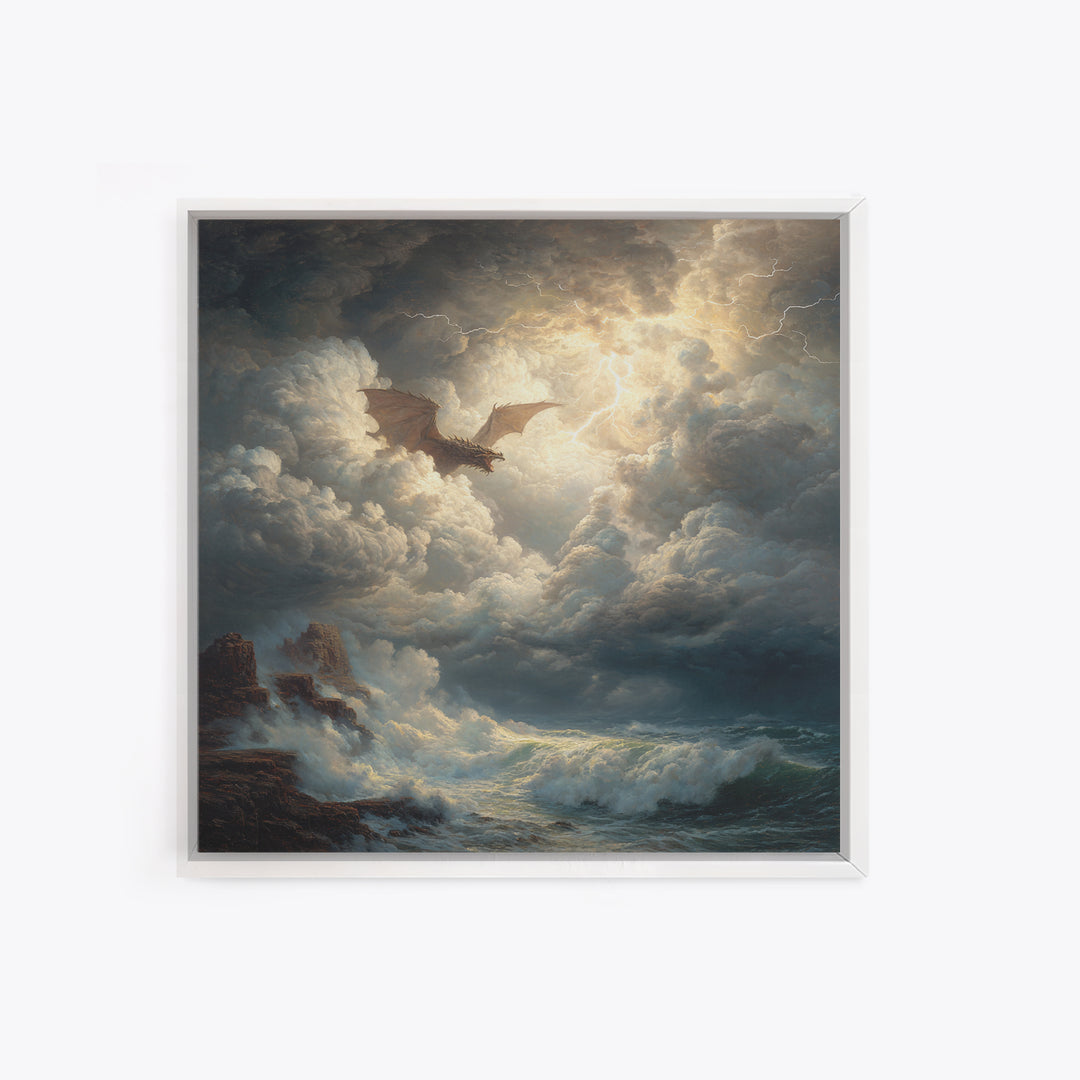 Dragon Flying Through Lightning Storm Over Ocean Wall Art, Dark Fantasy Seascape Canvas Print, Nautical Gothic Decor Gift