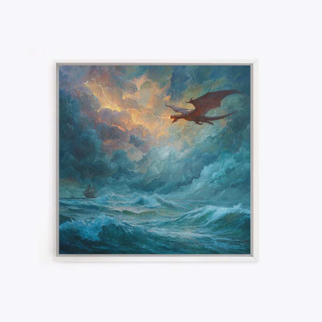 Red Dragon Soaring Above Stormy Ocean Canvas Print, Epic Fantasy Seascape Wall Art, Gothic Nautical Living Room Decor Gift