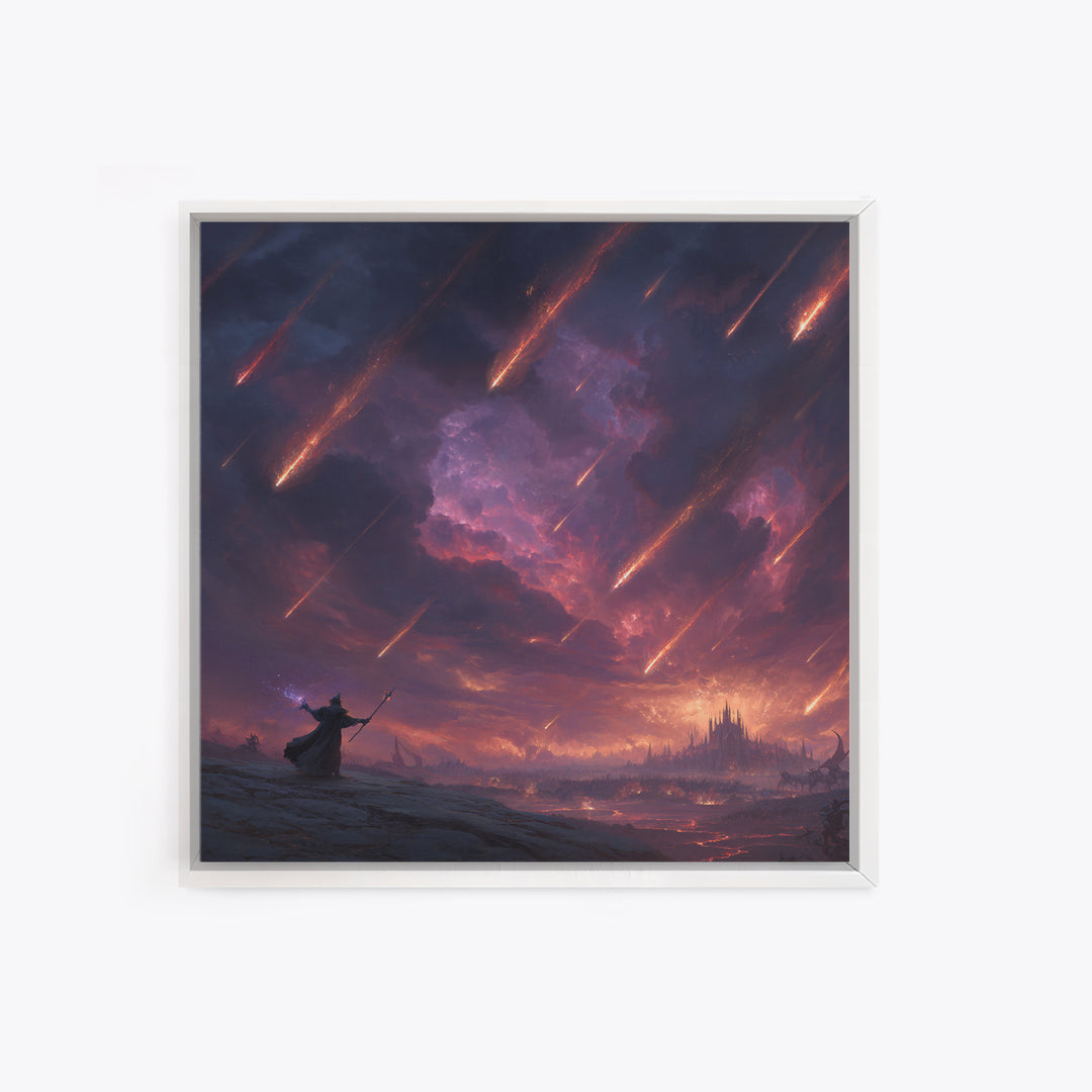 Meteor Storm Wizard Fantasy Wall Art, Dark Castle Canvas Print, Apocalyptic Sky, Gothic Gaming Room Decor, Unique Gift For Him