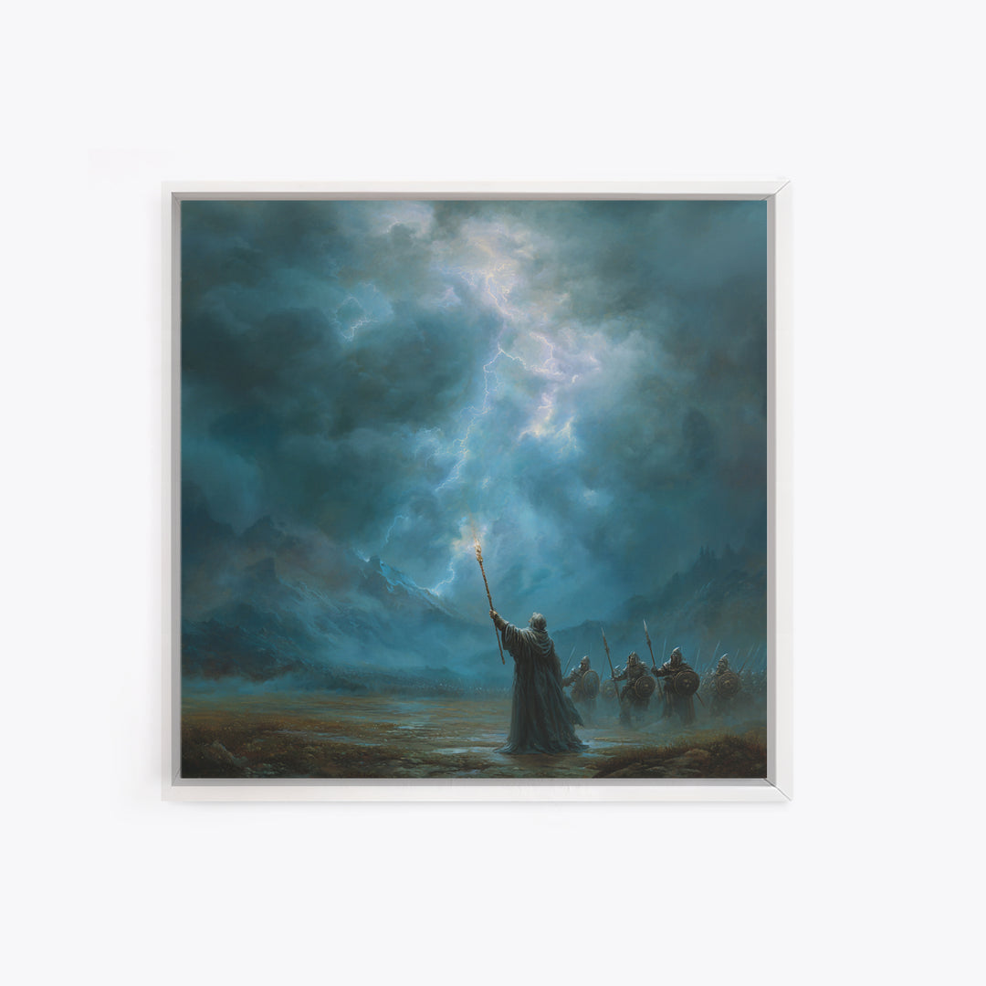 Storm Wizard Raising Lightning Wall Art, Epic Fantasy Canvas Print, Blue Mountain Battle Scene, Dark Academia Office Decor