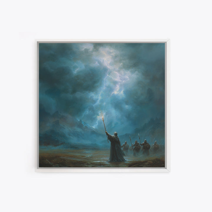 Storm Wizard Raising Lightning Wall Art, Epic Fantasy Canvas Print, Blue Mountain Battle Scene, Dark Academia Office Decor