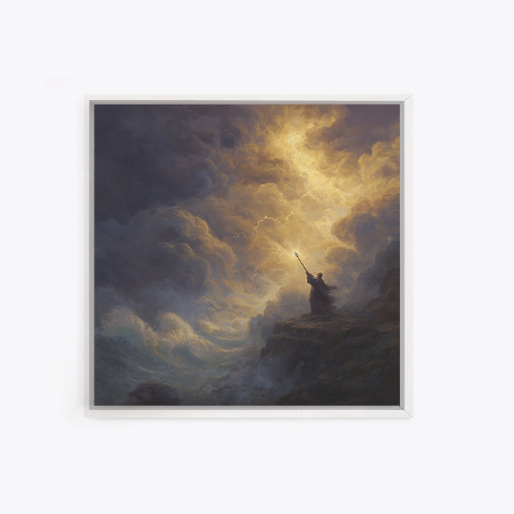 Golden Lightning Wizard Seascape Wall Art, Stormy Ocean Framed Canvas Print, Mythological Fantasy Decor, Moody Fine Art Gift