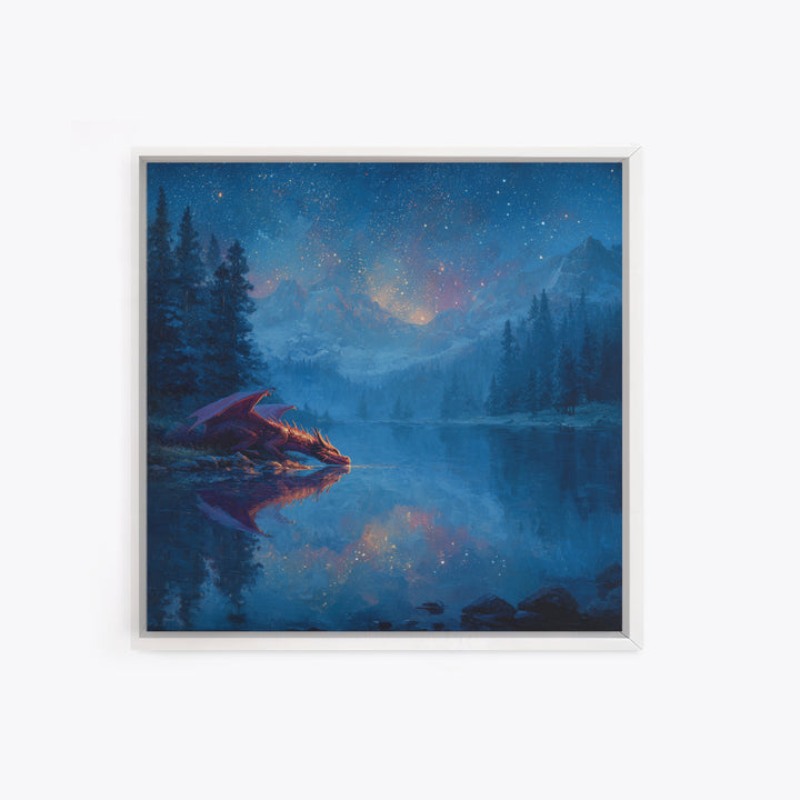 Starlit Dragon Lake Fantasy Wall Art, Blue Mountain Canvas Print, Celestial Nursery Decor, Magical Kids Room Art Gift For Dragon Lovers