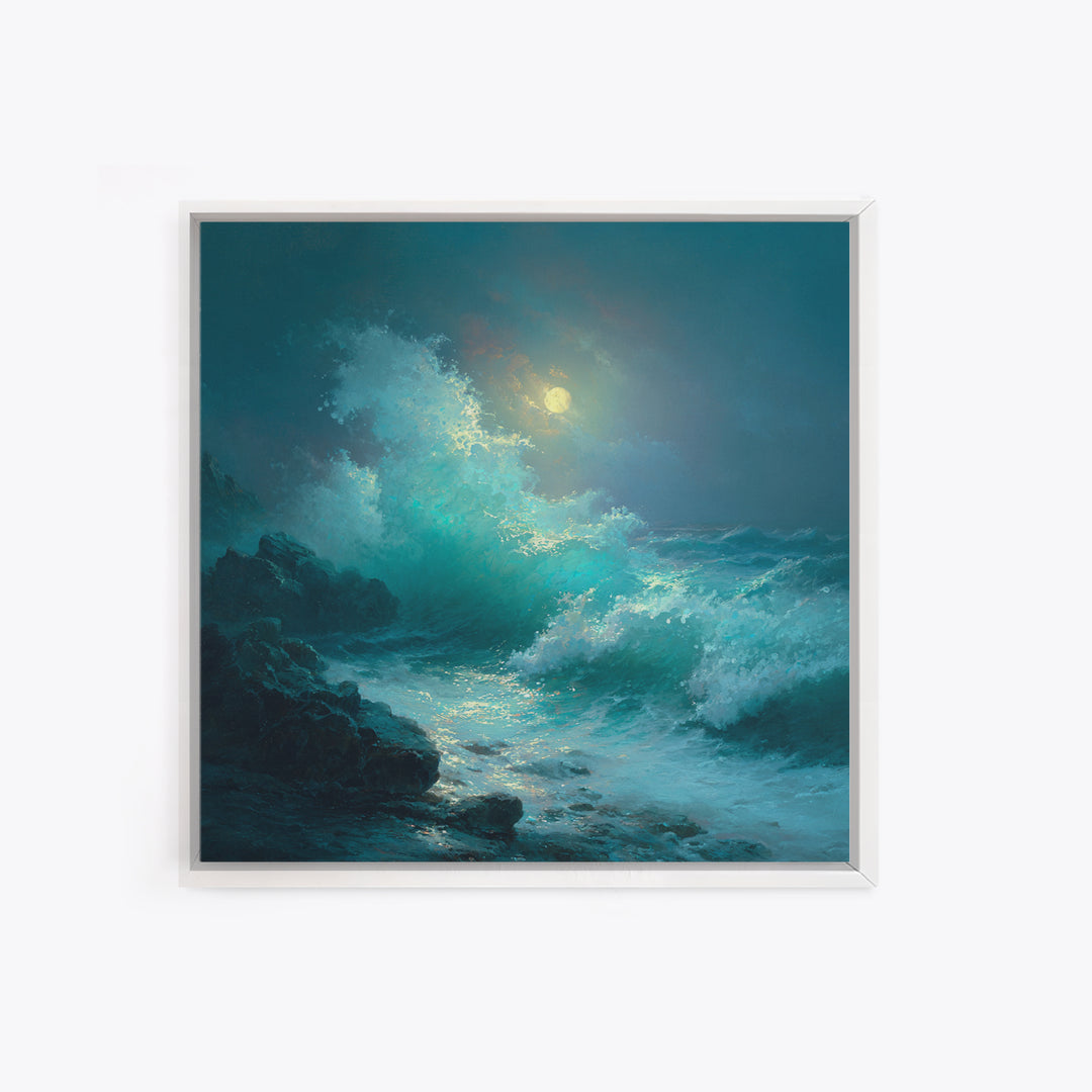 Moonlit Turquoise Wave Seascape Wall Art, Ocean Canvas Print, Coastal Bathroom Decor, Nautical Living Room Art Gift For Beach House