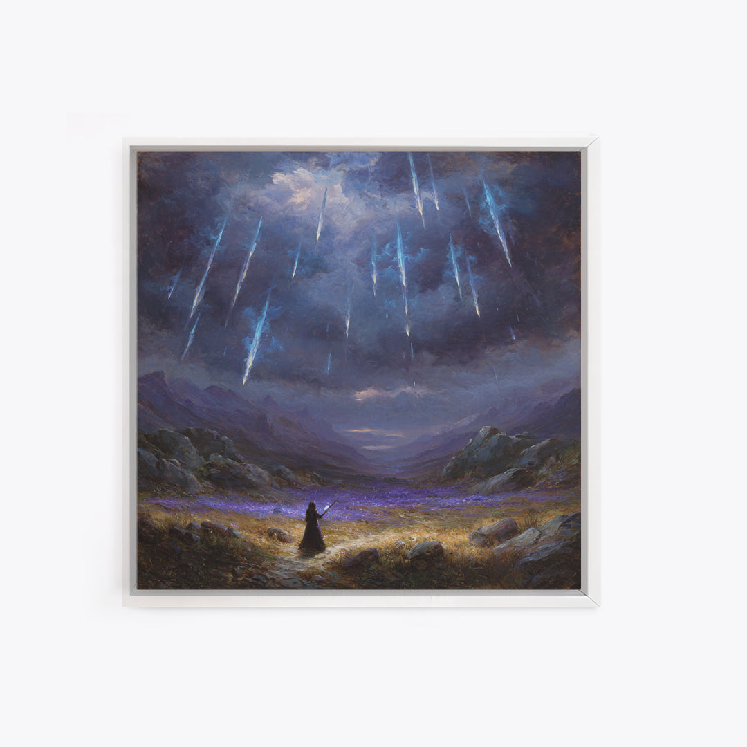 Icy Meteor Valley Wizard Wall Art, Dark Fantasy Framed Canvas Print, Mountain Landscape Decor, Gothic Office Art Gift For Him
