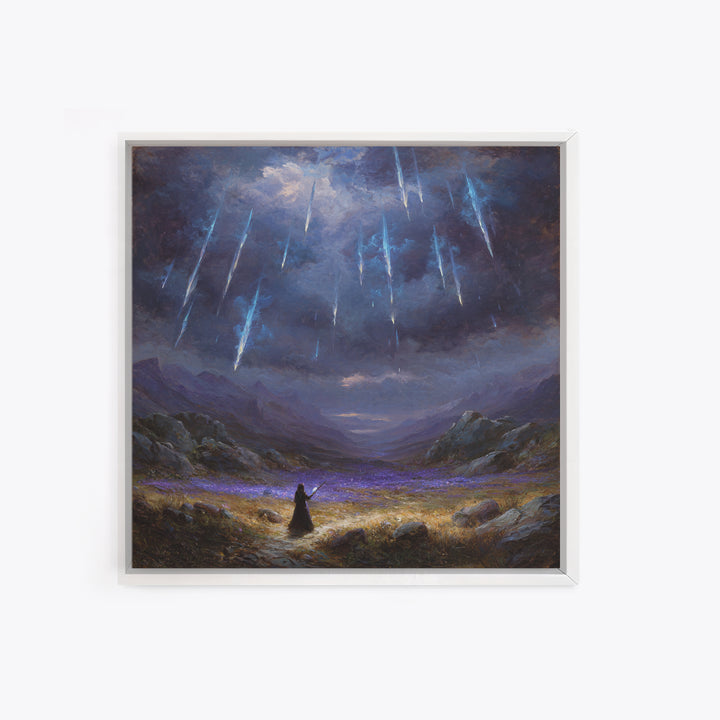 Icy Meteor Valley Wizard Wall Art, Dark Fantasy Framed Canvas Print, Mountain Landscape Decor, Gothic Office Art Gift For Him
