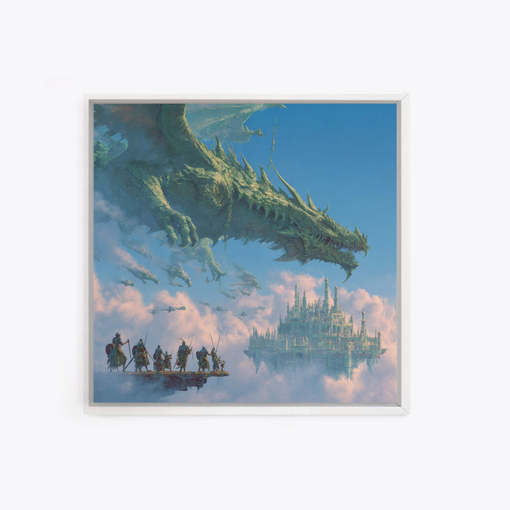 Giant Dragon Over Sky Castle Wall Art, Epic Fantasy Canvas Print, Floating Kingdom Decor, Gaming Room Statement Artwork Gift