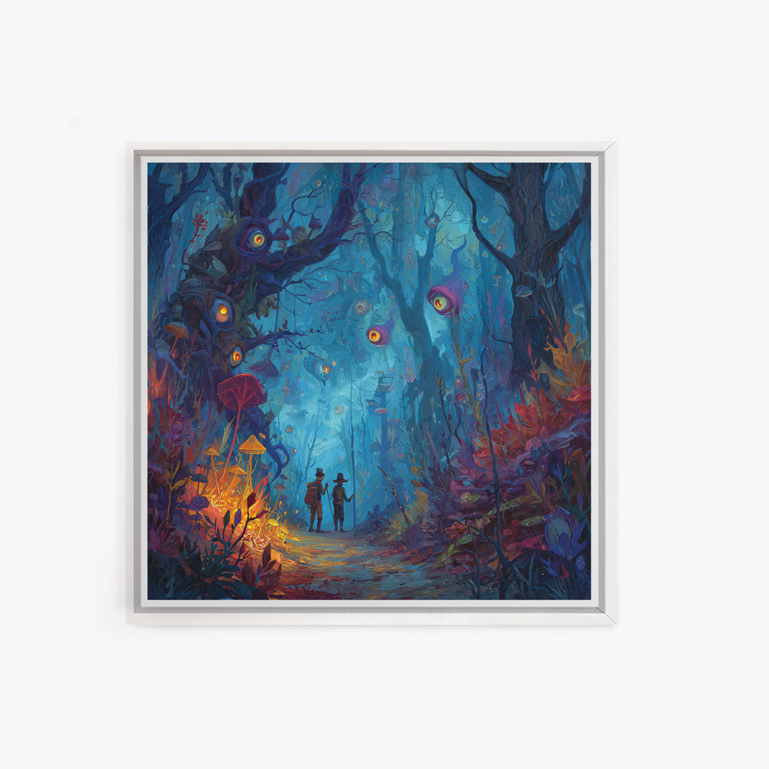 Glowing Eyed Enchanted Forest Wall Art, Whimsical Fantasy Canvas Print, Mushroom Kids Room Decor, Magical Nursery Gift For Her