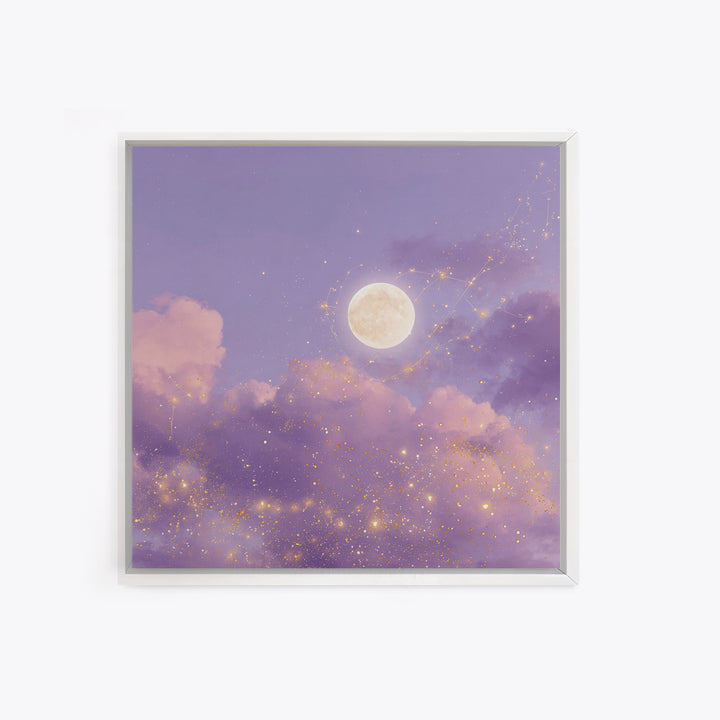 Full Moon With Golden Constellations Wall Art, Celestial Canvas Print, Purple Cloud Decor, Mystical Bedroom Gift For Her
