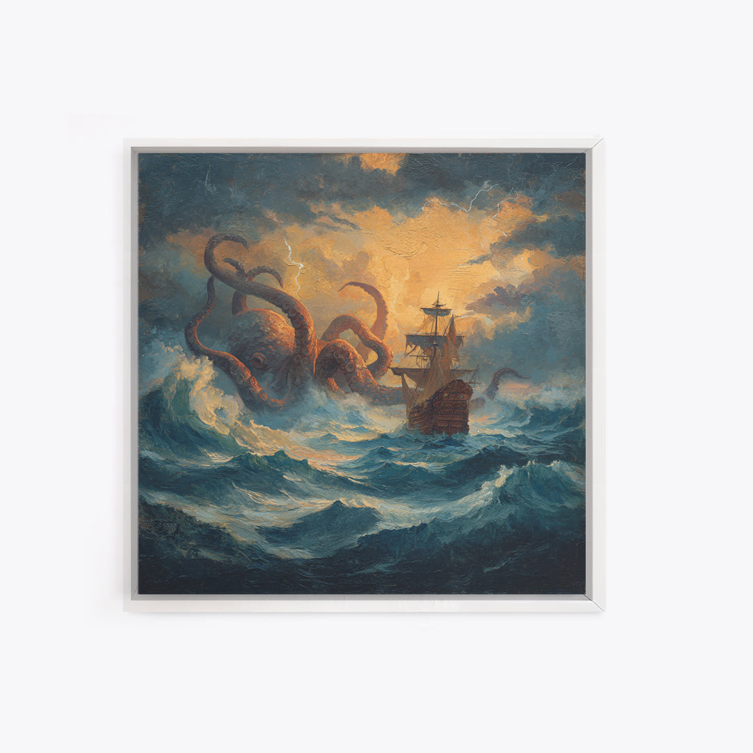 Storm Kraken And Tall Ship In Tempest Seas Canvas Print, Nautical Fantasy Wall Art, Ocean Monster Decor, Gift For Him, Coastal Home Decor