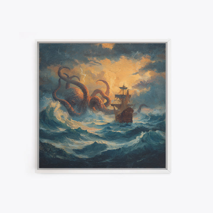 Storm Kraken And Tall Ship In Tempest Seas Canvas Print, Nautical Fantasy Wall Art, Ocean Monster Decor, Gift For Him, Coastal Home Decor