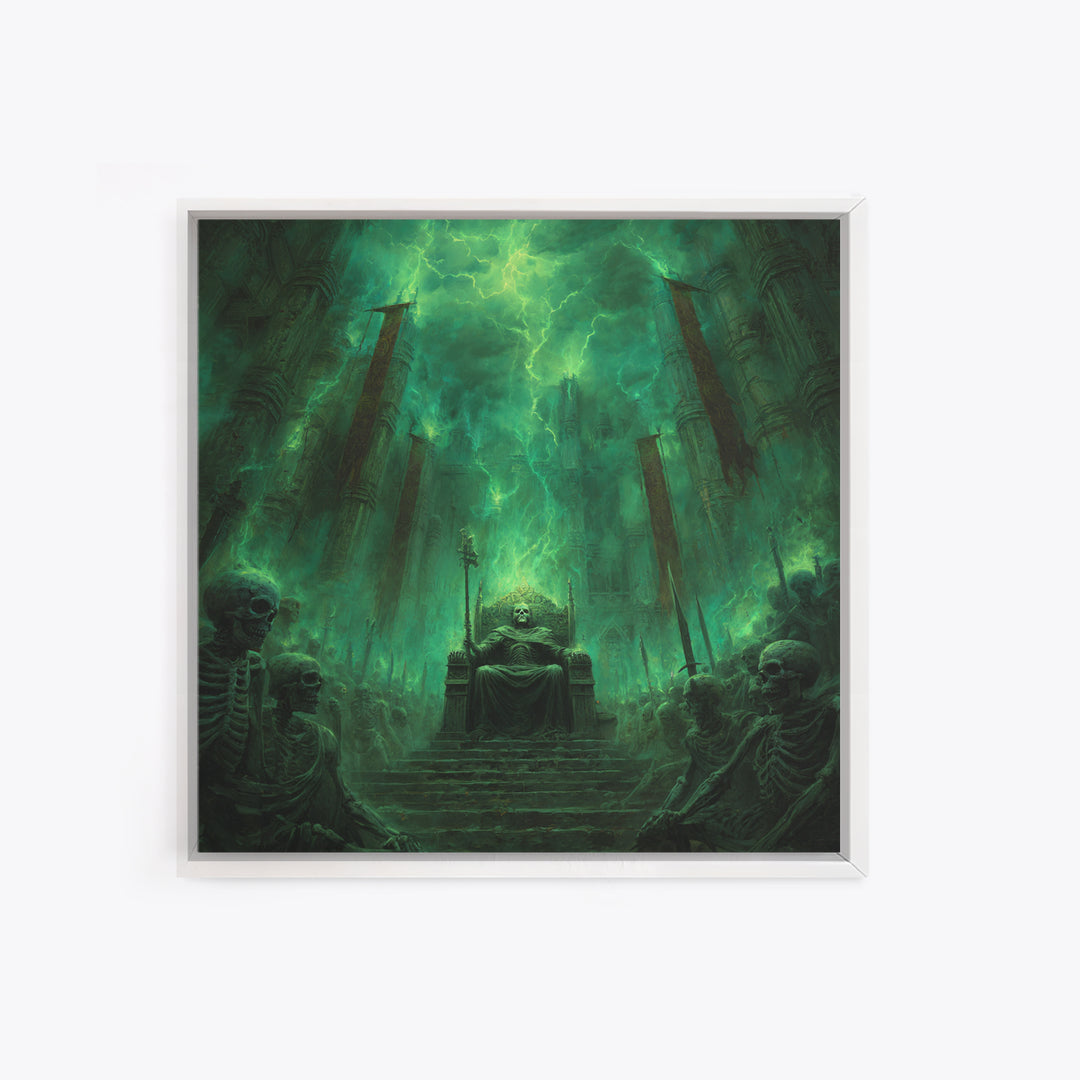 Emerald Necromancer Throne With Skeleton Army Framed Canvas Print, Gothic Wall Art, Dark Fantasy Decor, Occult Office Art