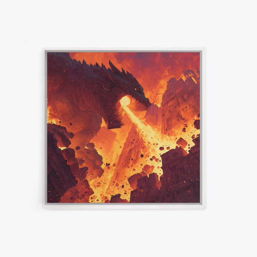 Fire Breathing Dragon Over Ruined City Canvas Print, Epic Fantasy Wall Art, Dystopian Decor, Gaming Room Statement Art, Gift For Him