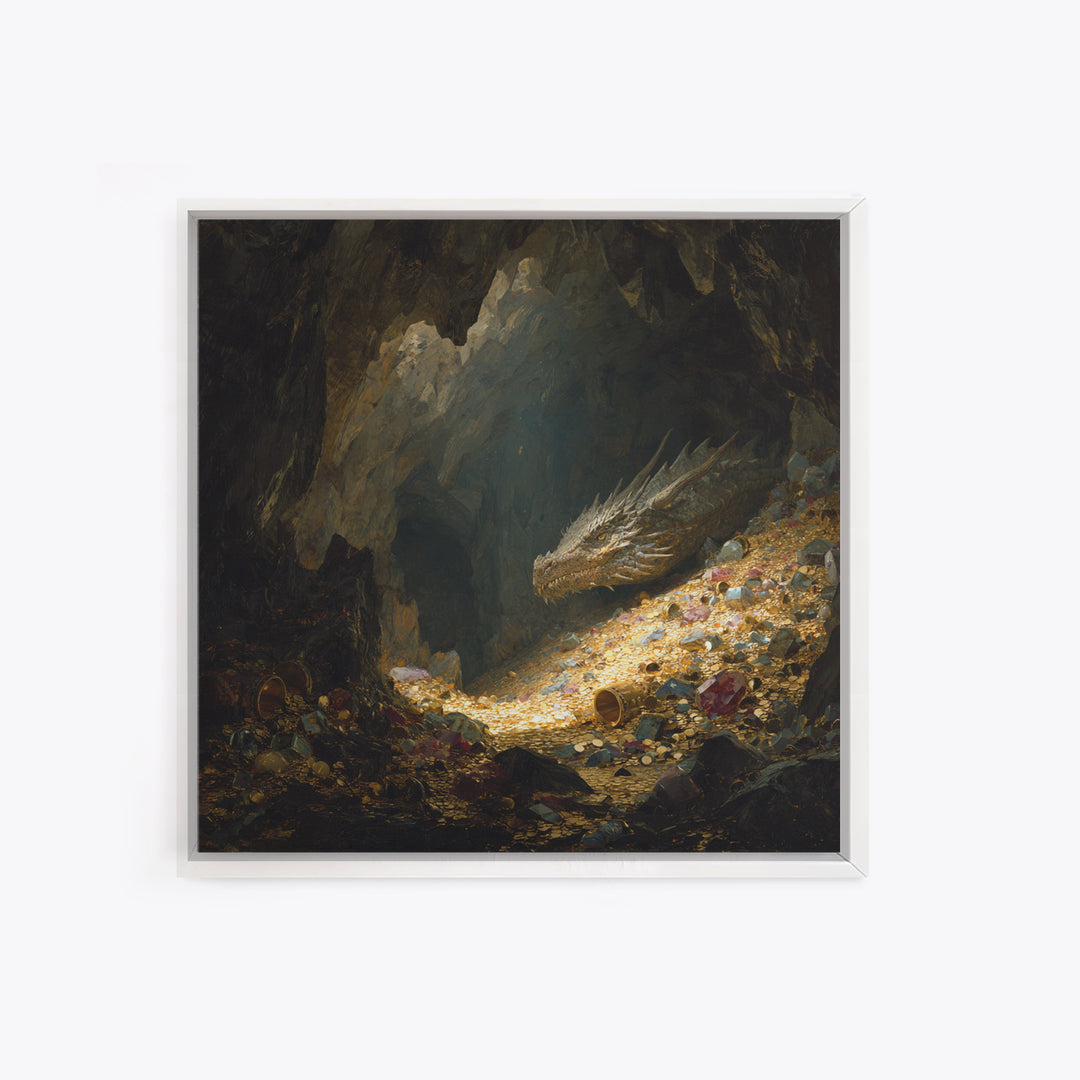 Sleeping Dragon On Glittering Treasure Hoard Canvas Print, Fantasy Wall Art, Cave Decor, Mythical Creature Gift For Him, Unique Home Decor