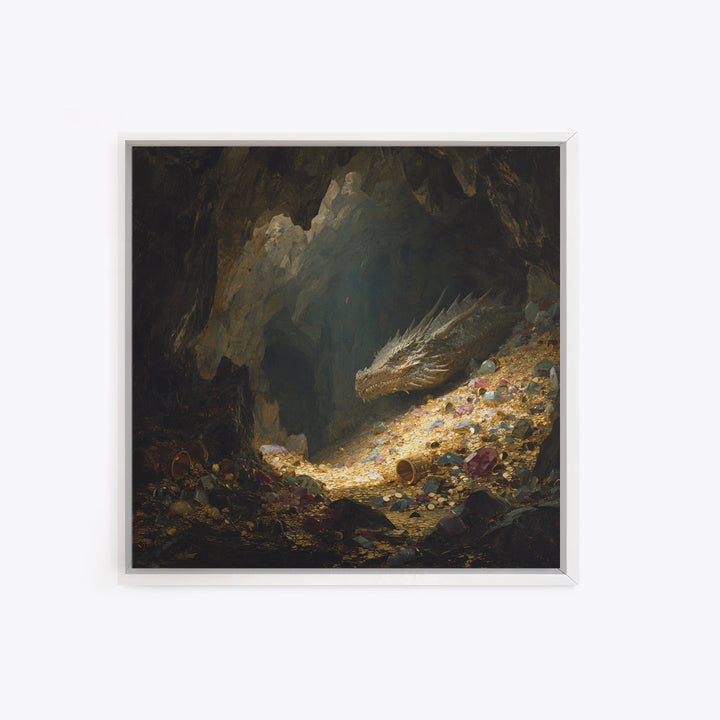Sleeping Dragon On Glittering Treasure Hoard Canvas Print, Fantasy Wall Art, Cave Decor, Mythical Creature Gift For Him, Unique Home Decor