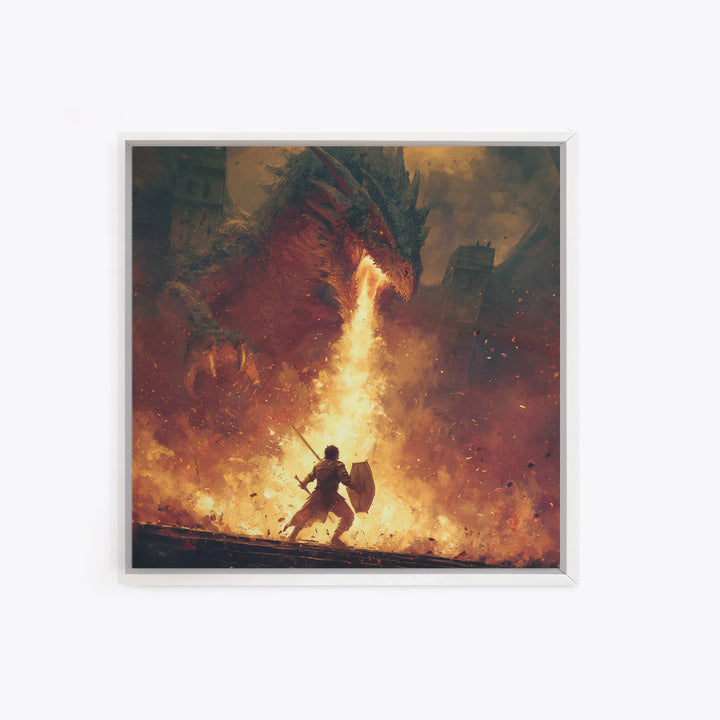 Warrior Facing Fire Breathing Dragon Framed Canvas Print, Epic Fantasy Wall Art, Hero Battle Decor, Gaming Room Gift For Him, Large Art