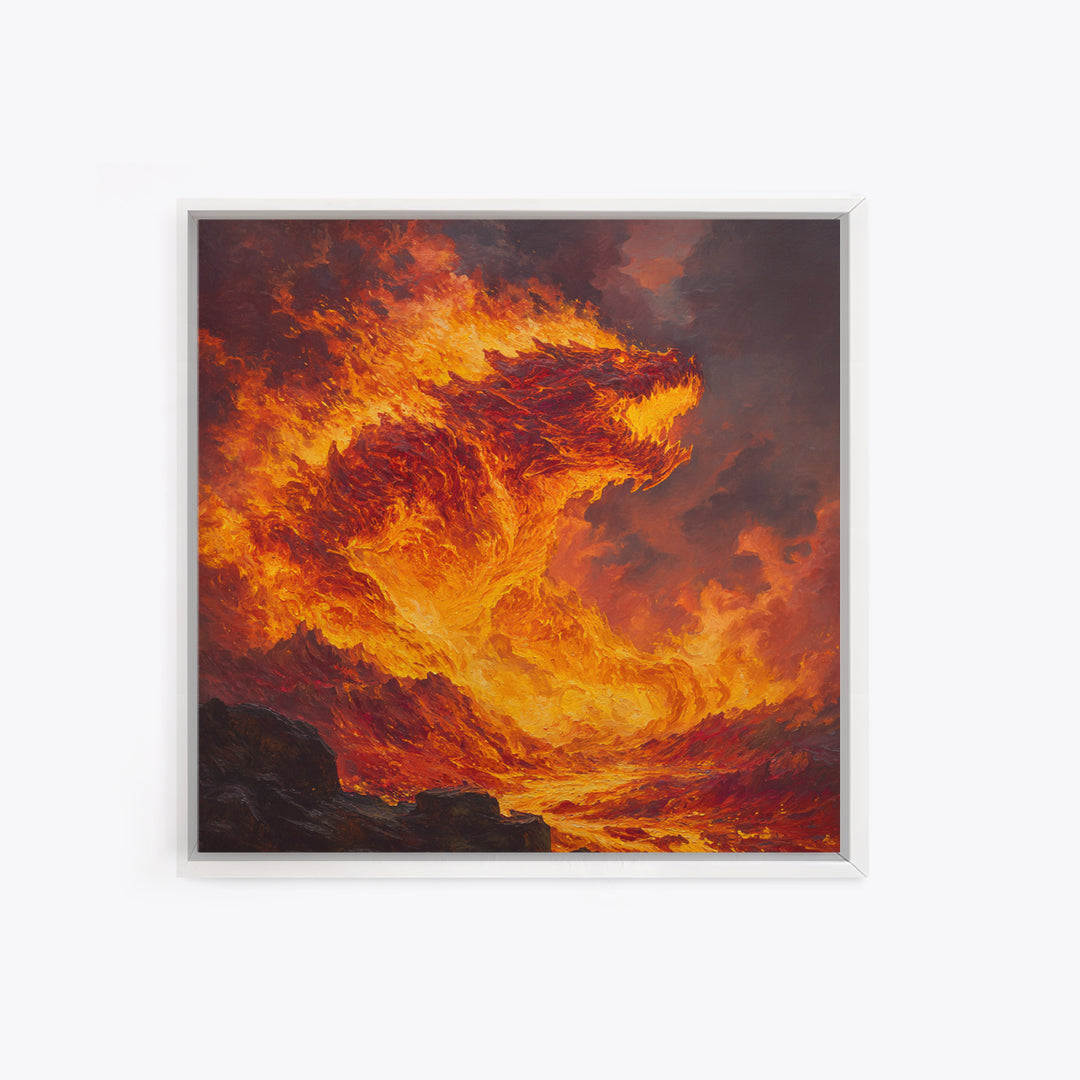 Blazing Fire Dragon Rising From Lava Canvas Print, Fantasy Wall Art, Orange Statement Artwork, Dark Fantasy Home Decor, Gift For Him