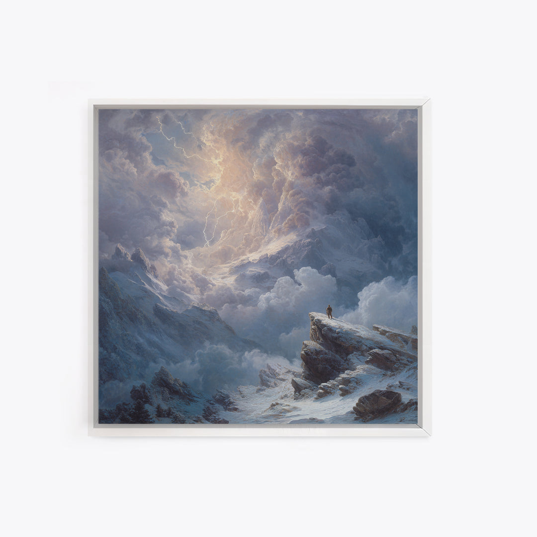 Lone Explorer On Snowy Mountain Storm Canvas Print, Winter Landscape Wall Art, Moody Nature Decor, Adventure Gift For Him